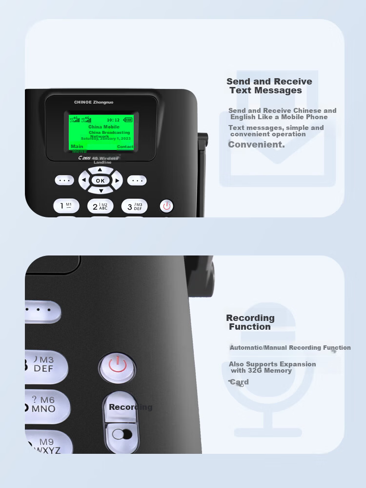 Zhongnuo Wireless Recording Landline 4G Network SIM Card Phone Desk Phone Full Network Support 4G 5G Home Office Unicom Mobile Telecom C265B Dual SIM Recording 32GB Version 8