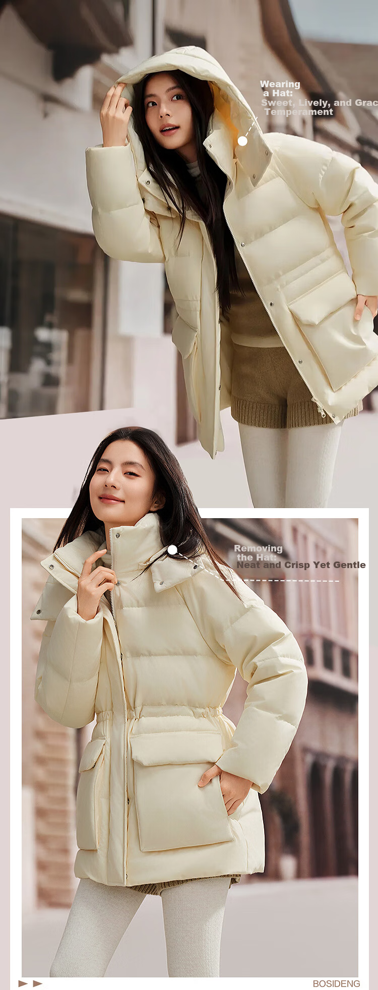BOSIDENG Women's Off-Season 90% Down Thickened Detachable Hood Slim Fit Mid-Length Casual Versatile Jacket Winter 3