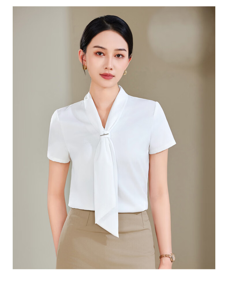 Chaoxu Women's White Short Sleeve Bow Tie Shirt Professional Commuter Formal Elegant Versatile Blouse for Work and Interview 13