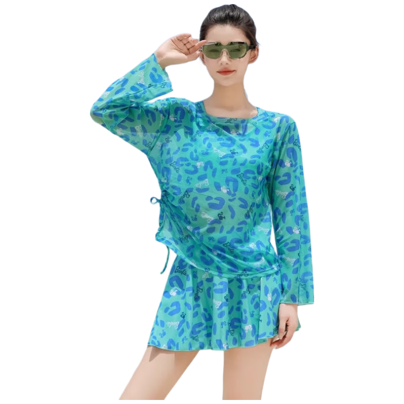 Barbie Women's High-End Conservative Long-Sleeve Swimsuit Set with Skirt for Beach Vacation, Slimming And Concealing Three-Piece Swimwear