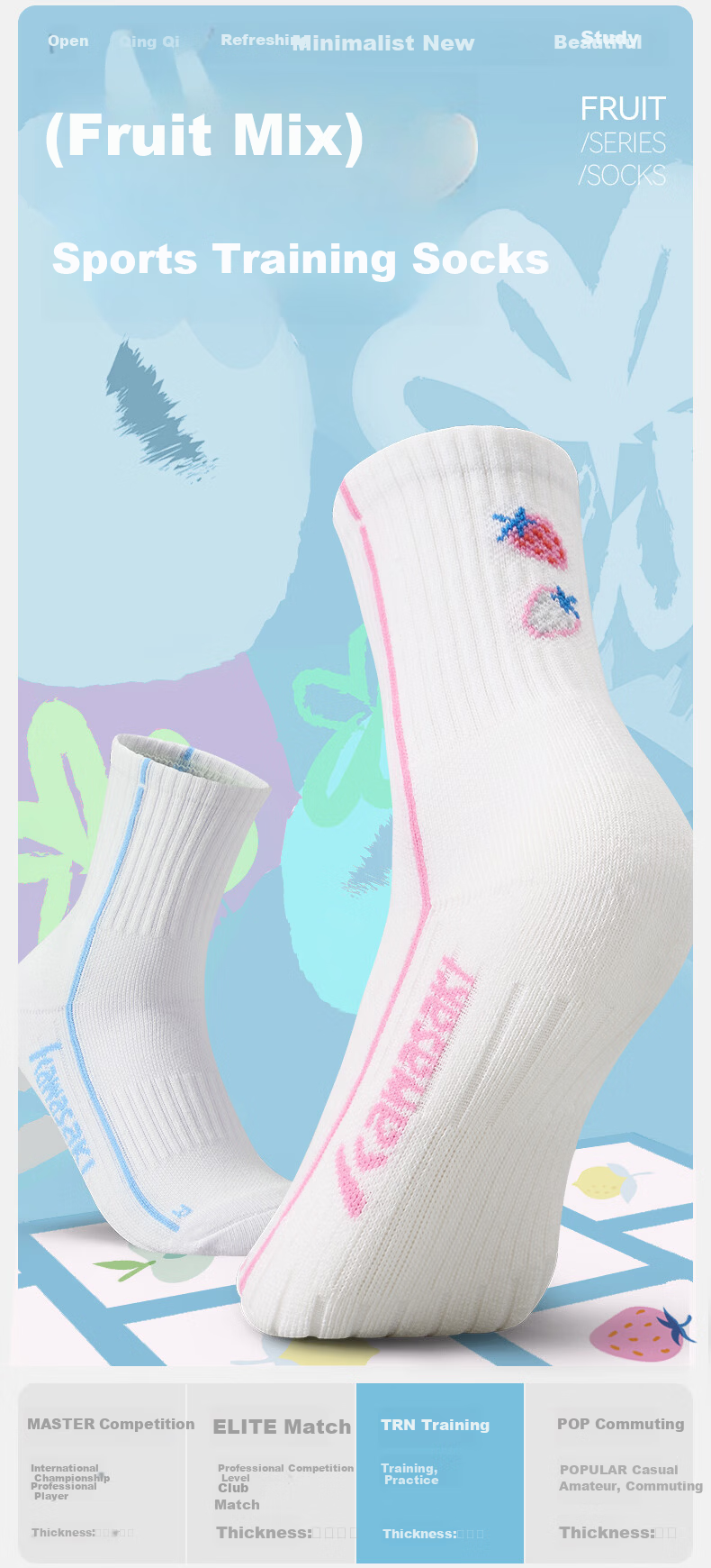 KAWASAKI Badminton Socks Striped Fruit Pie TRN Training Mid-Calf Sports Socks D6211 Blue/Pink/Green (3 Pairs) 2