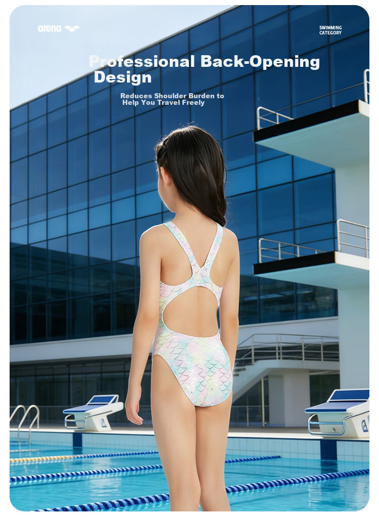 Arena Kids Girls Sleeveless One-Piece Triangle Soft Comfortable Chlorine-Resistant Swimwear Fun Fish Scale Pattern 6