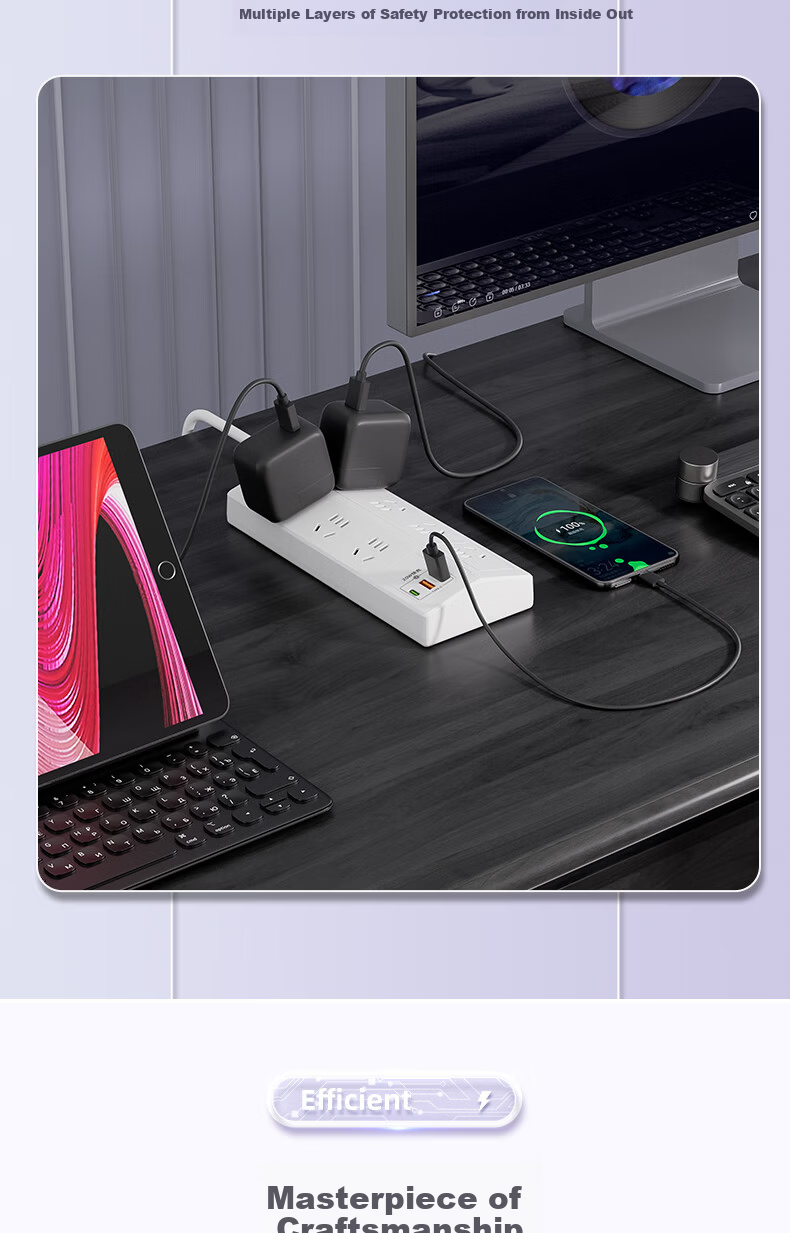 Sushiermo Trapezoidal Vertical Desktop Charging Station with Innovative Display + Night Light, Desktop Power Strip/Extension Cord/Socket Board, 5 Outlets, 1.8m Cable, Master Control Switch 11