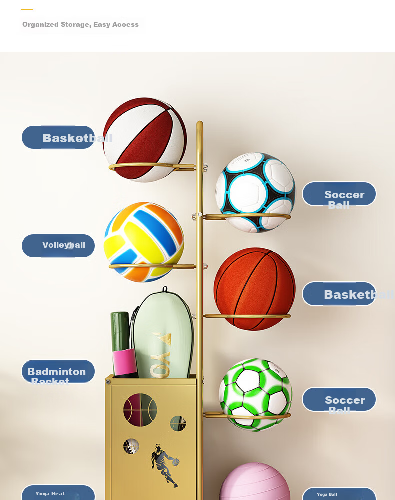 Leaijia Basketball Hoop Storage Rack Home Indoor Football Volleyball Badminton Storage Basket Student Ball Rack Sports Equipment Organizer 7