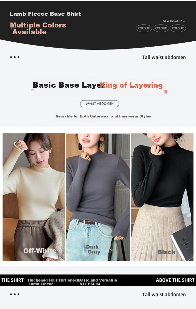 LangSha Autumn Winter Fleece-Lined Thickened Half Turtleneck Base Shirt for Women 7A Antibacterial Mite-Resistant Lamb Fleece Thermal Innerwear 6