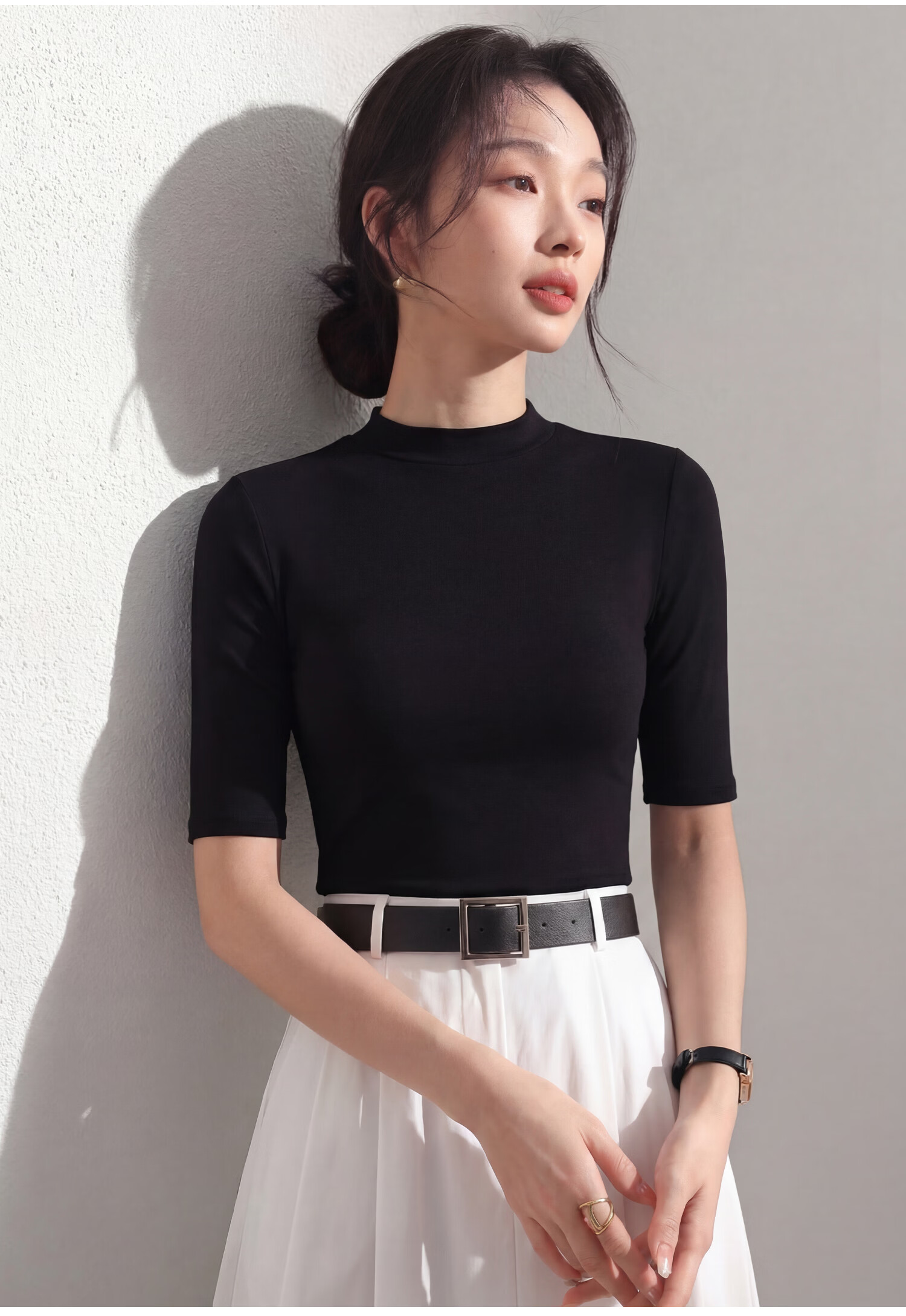 Tingmei Women's Summer Base Layer Shirt [10A Antibacterial] Small Stand Collar Short Sleeve Slim Fit Shoulder-Fitting Five-Sleeve T-Shirt Mid Sleeve 20