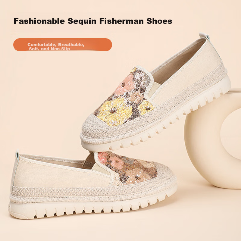 Taiheyuan Chunqiu Women's Soft Comfortable Non-Slip Lightweight Sequin Vacation Style Soft Sole Slip-On Platform Fisherman Shoes