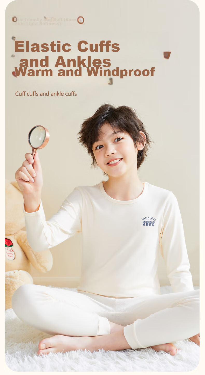 Dingguagua Boys' Cotton Thin Thermal Underwear Set Antibacterial Autumn Winter Kids' Pajamas for Older Children and Teens 4