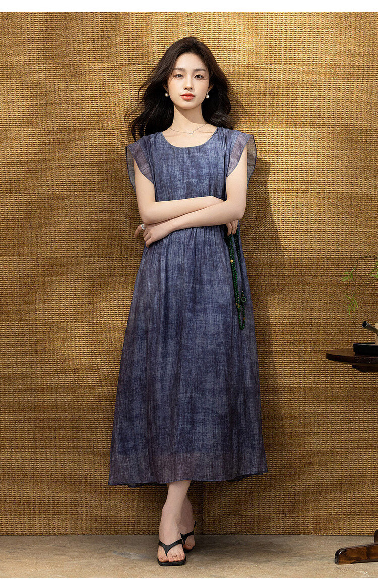Demana [Breathable Tencel] Summer Ink-Style Print Round Neck Self-Tie Lightweight Dress for Women Premium Quality 14