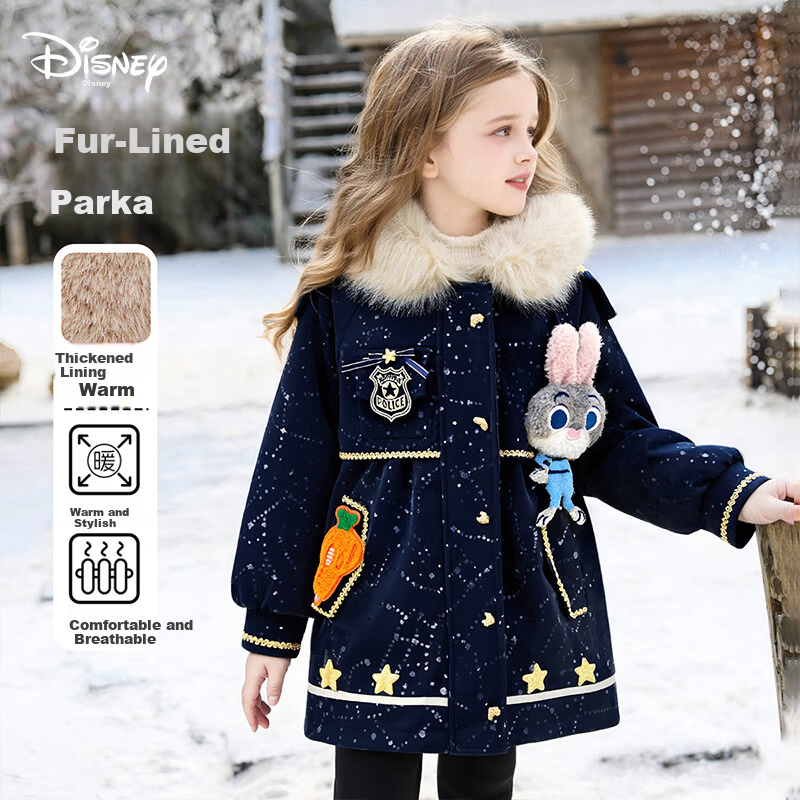 Disney Baby Girls' Autumn Winter 2026 New Zootopia Hooded Parka Thickened Cotton Padded Kids Jacket