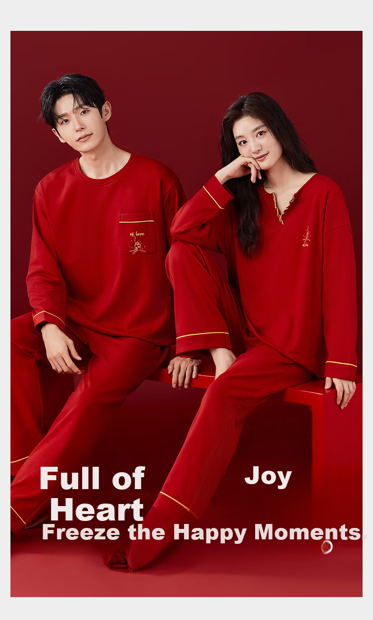 Langsha [10A Antibacterial] Women's Pajamas Autumn Cotton Homewear for Newlyweds Couple Angora Red 2