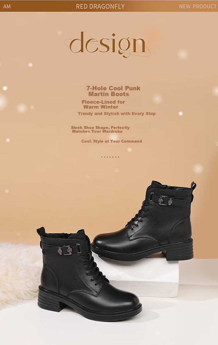 Red Dragonfly Women's Martin Boots Winter Fleece Lined Trendy Short Boots Thick Sole Versatile High Top Leather Boots WTC457351H Black Size 35 3