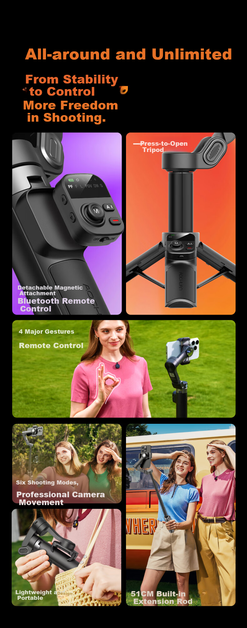 Aokawa X3 Smartphone Stabilizer AI Tracking Gimbal Selfie Stick 360° Rotation Anti-Shake Automatic AI Follow Extension Rod Face Live Dance Travel Vlog One-Key Quick Open 3