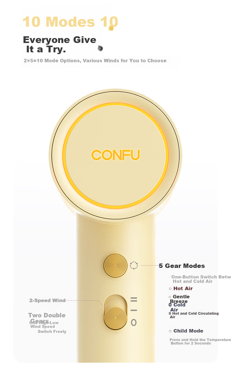 CONFU High-Speed Hair Dryer Portable Mini Negative Ion Damage-Free Women's Home Hair Dryer Strong Wind Quick Dry F9 Mini Cheese Yellow 8