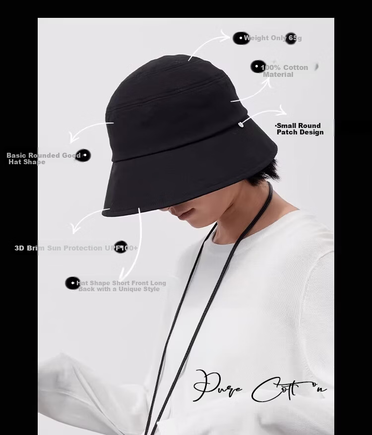 Lagur Classic Style 100% Cotton Fisherman Sun Hat Wide Brim Summer Sunshade Hat Large Head Circumference Classic Black 6
