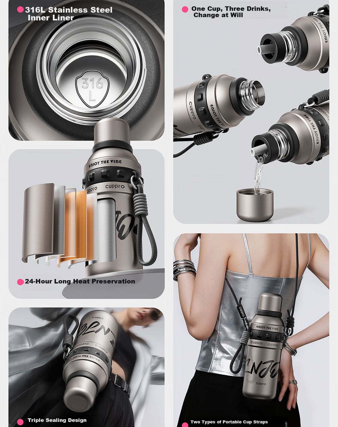 CUPPRO TikTok Hot Sale Large Capacity Insulated Water Bottle 316L Stainless Steel Portable Straw Cup for Men and Women 3