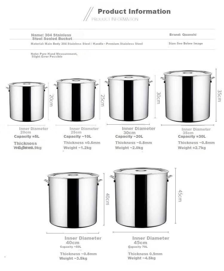 Universal 304 Stainless Steel Soup Pot 30x30cm with Lid Commercial Stew Bone Pot Braised Meat Marinade Bucket Rice Bucket Oil Bucket Large Soup Pot 1
