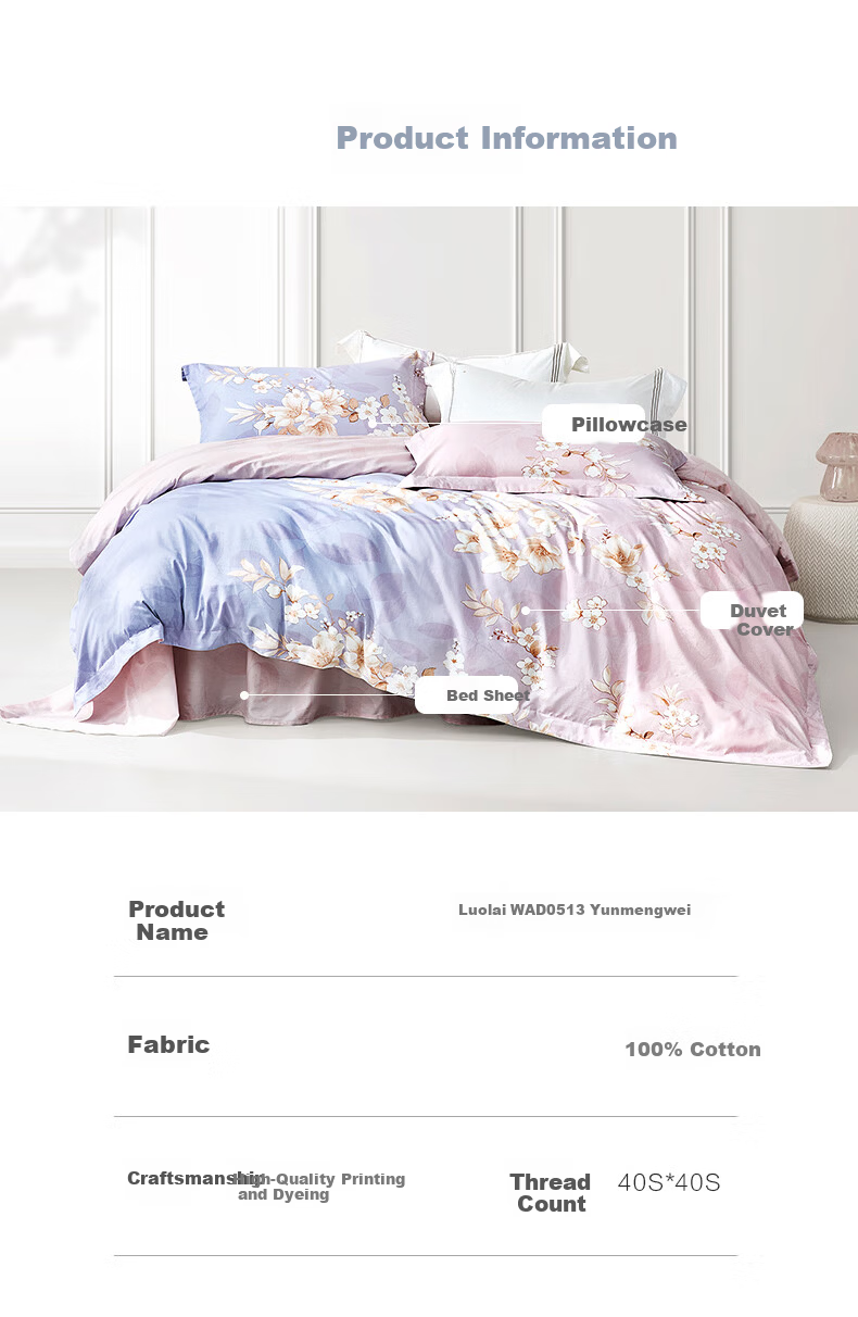 Luolai Home Textiles Pure Cotton 4-Piece Bedding Set Blue 200x230cm 8