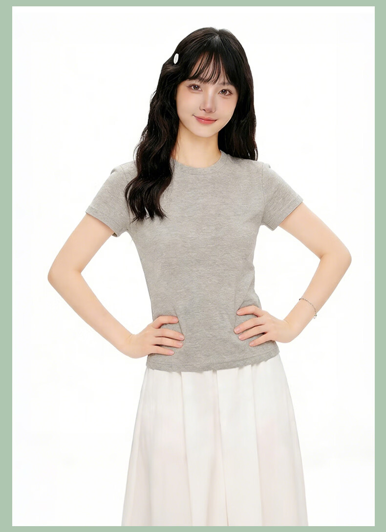 Xunmianren Women's Summer Solid Color Crew Neck Breathable Short Sleeve Slim Fit T-Shirt 15