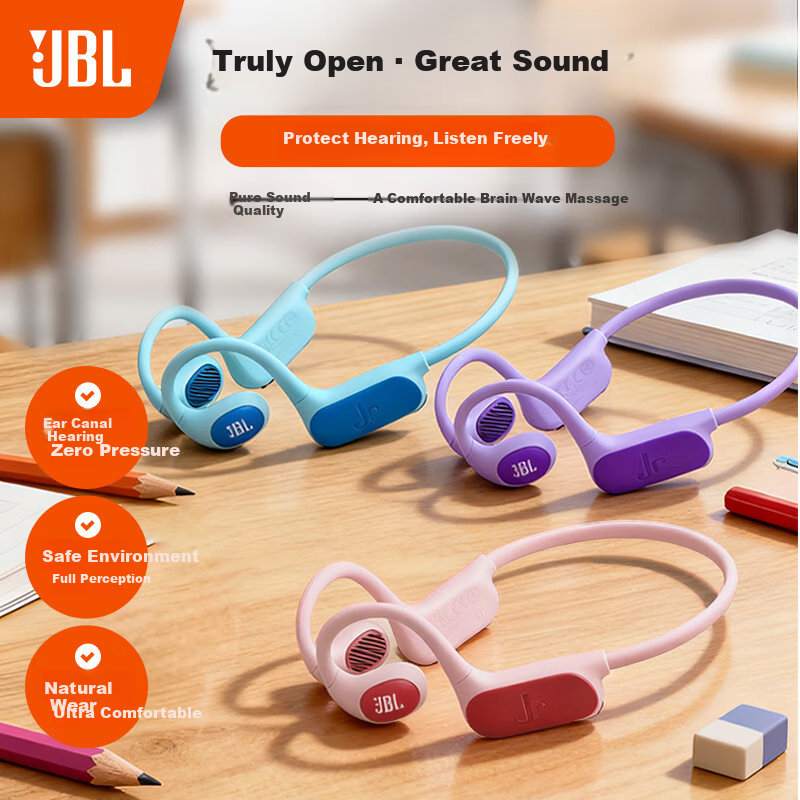 JBL JR Free Open-Ear Wireless Neckband Kids Earphones Non-In-Ear Bluetooth Ear-Hanging Student Essential for Learning Online Classes Sports Music Listening Travel Gift Peach Pink