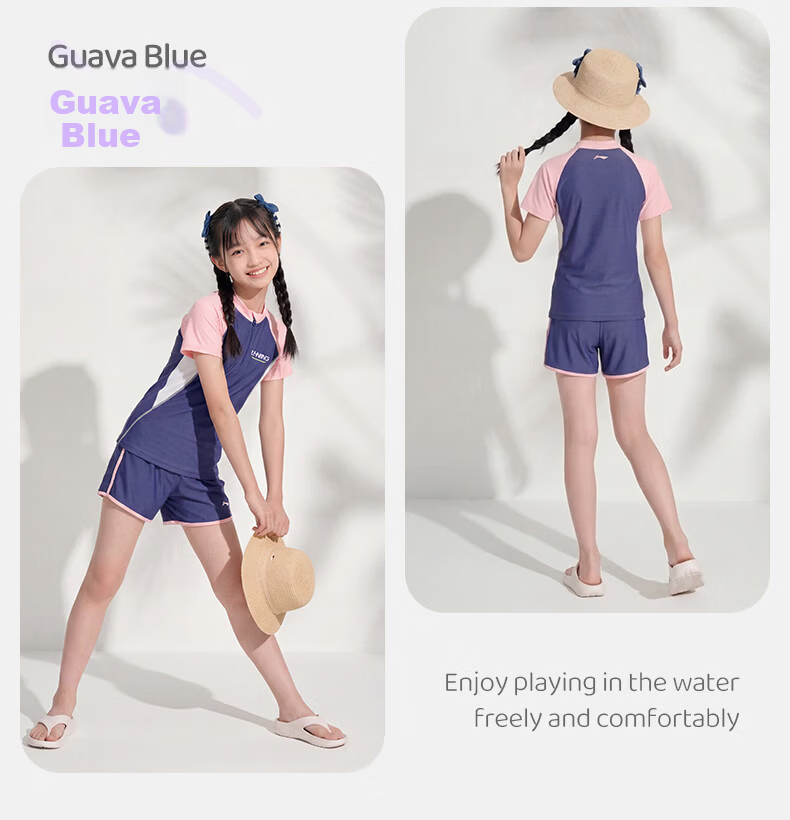 LI-NING Kids Girls Two-Piece Short Sleeve Breathable Youth Swimwear 1431 Blue Purple Size 140 15