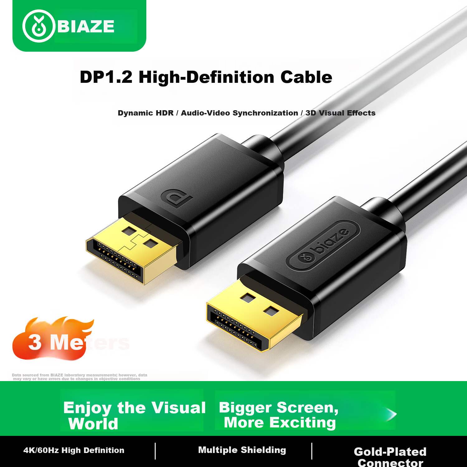 BIAZE DP Cable 1.2 Version 4K UHD Male-to-Male 2K/144Hz Desktop PC Graphics Card Laptop Monitor Video Cable 3M