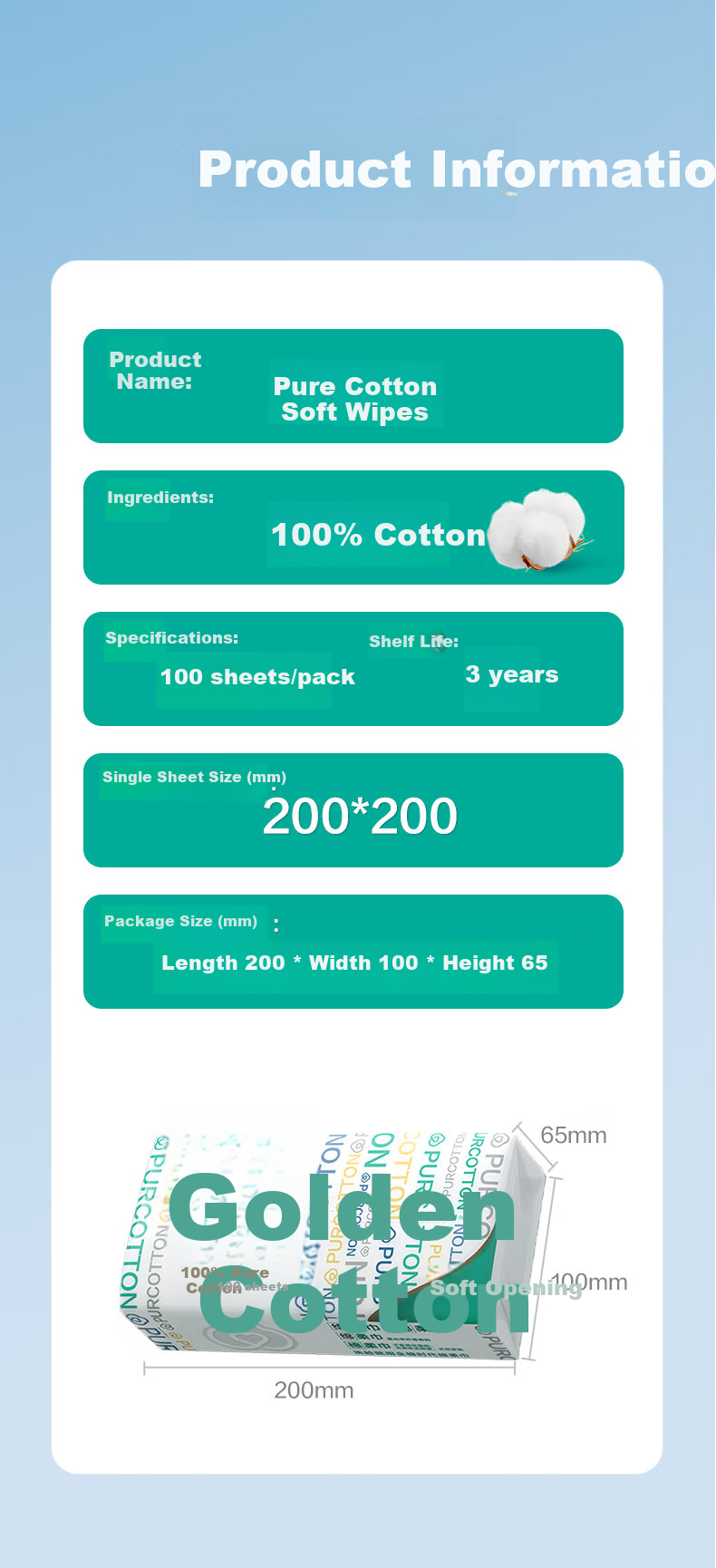 PurCotton Era [Sun Yingsha Edition] Facial Cleansing Wipes 100 Sheets*1 Pack 100% Cotton Soft Disposable Towels 20*20CM 9