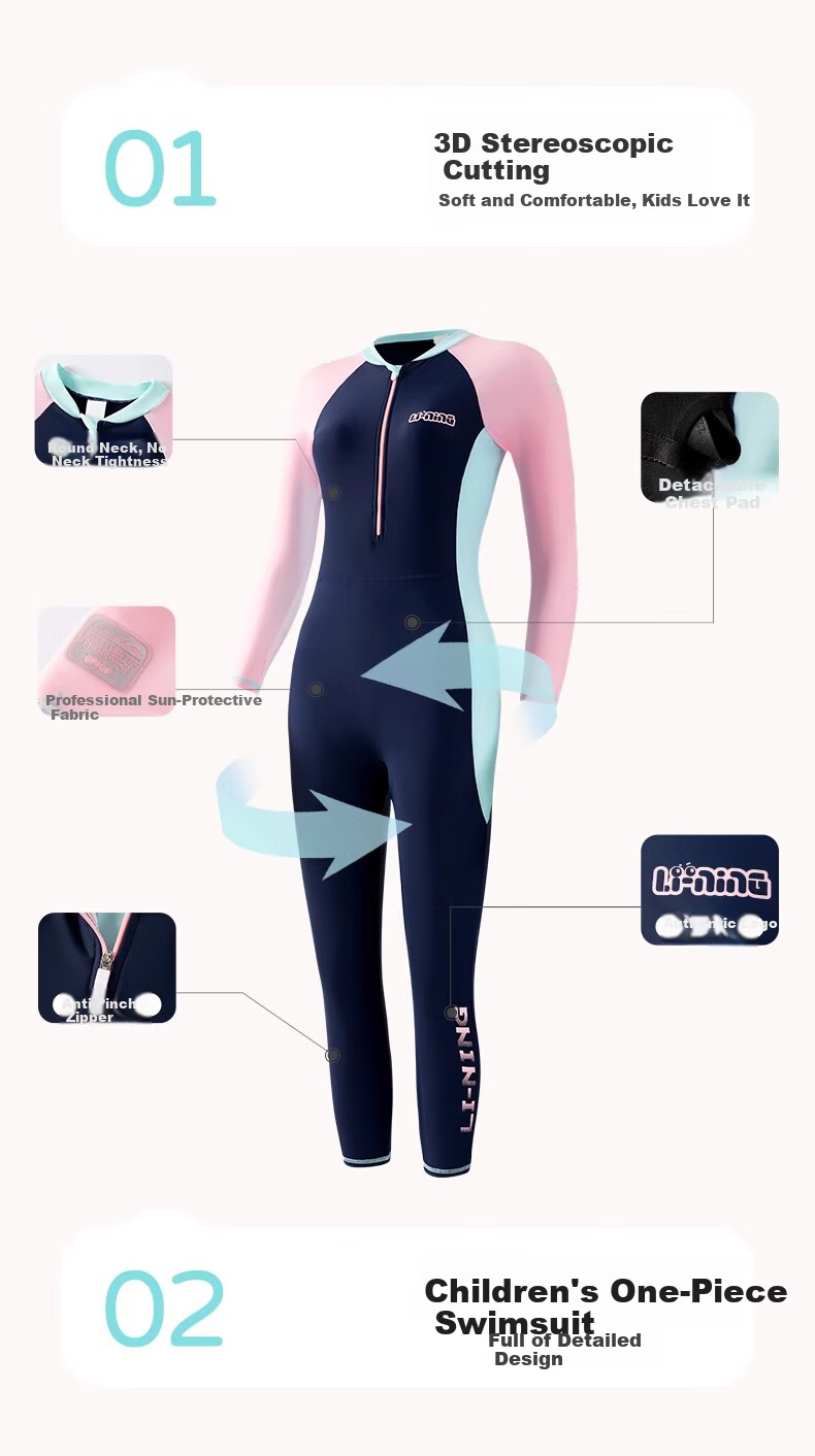 LI-NING Kids Girls One-Piece Long Sleeve Long Pants Swimsuit with Chest Pad Sun Protection Swimwear for Middle School and Older Children 2