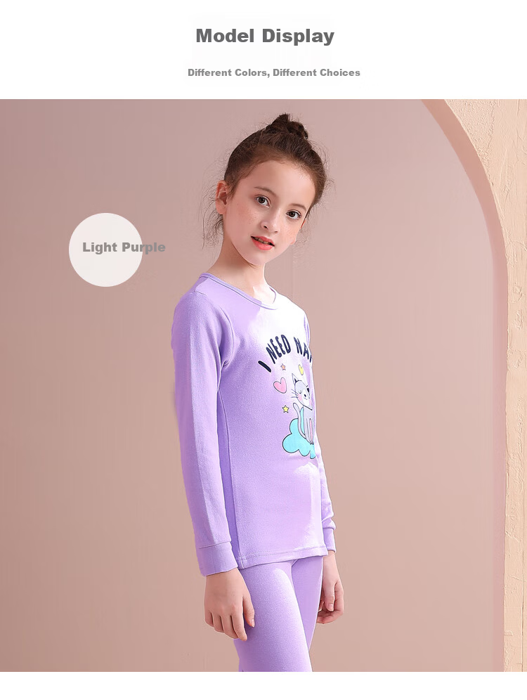 Hodohome Children's Autumn Cotton Thermal Underwear Set for Girls, Light Purple, Size 160 5