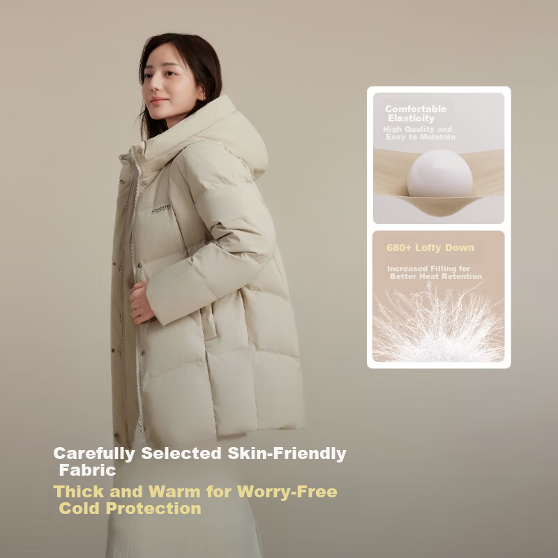 Bosideng Off-Season Women's Mid-Length Casual Fashion Thickened 90% Down Hooded Versatile Winter Coat