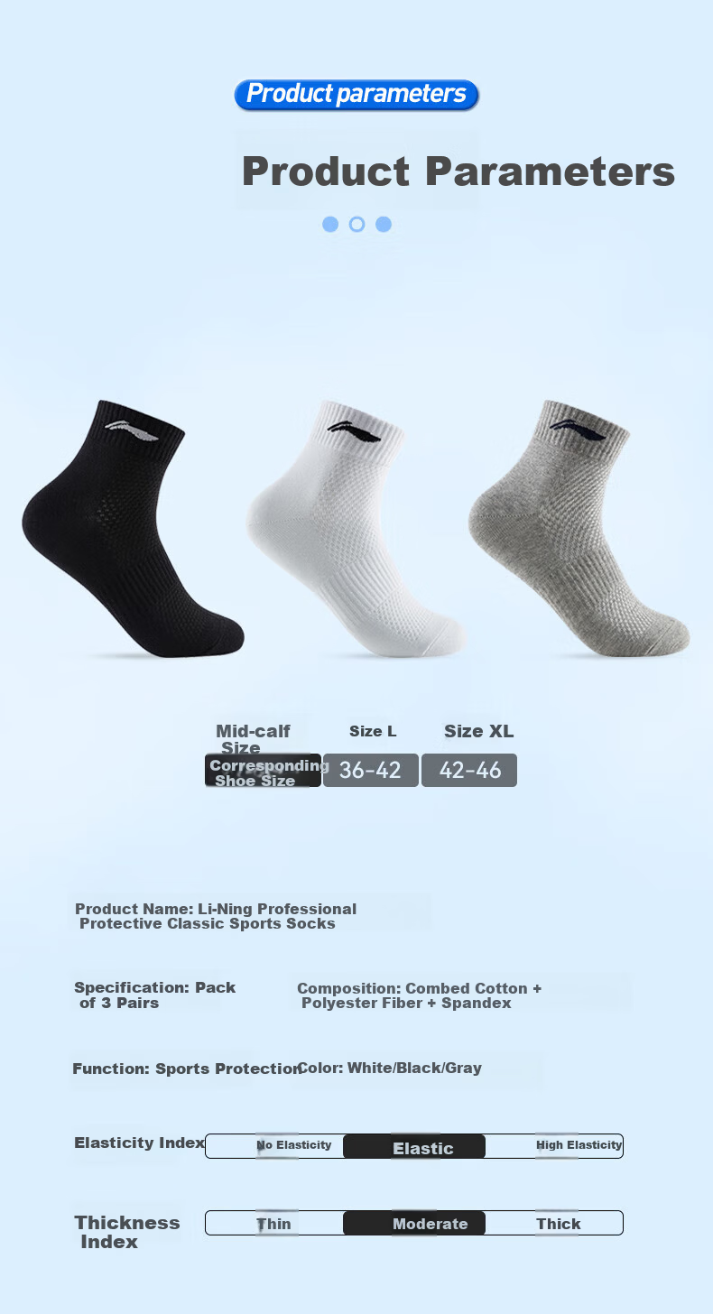 LI-NING Socks (3 Pairs) Sports Socks Yoga Socks All-Season Antibacterial Durable Running Socks Cotton Socks Black White Gray 10