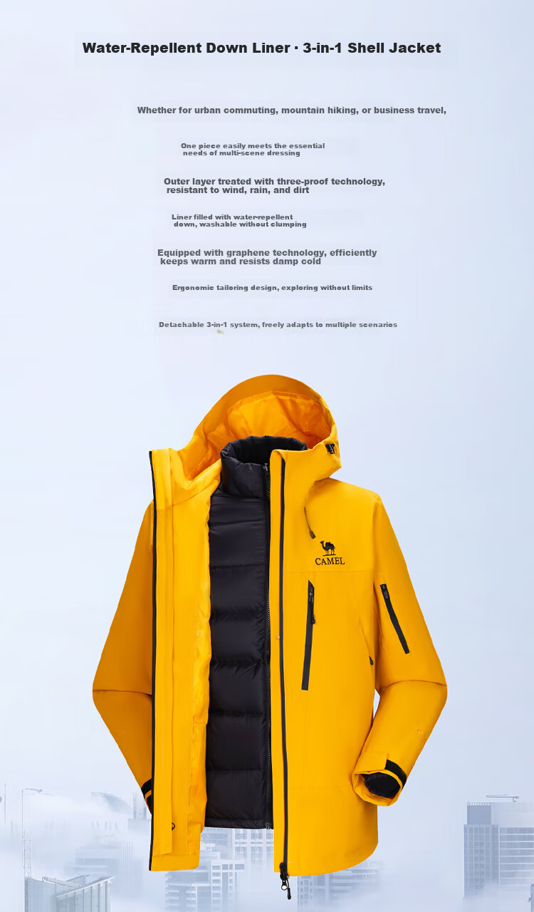 CAMEL Women's Rain God 3-in-1 Waterproof Mountaineering Jacket B032 Phantom Black 3