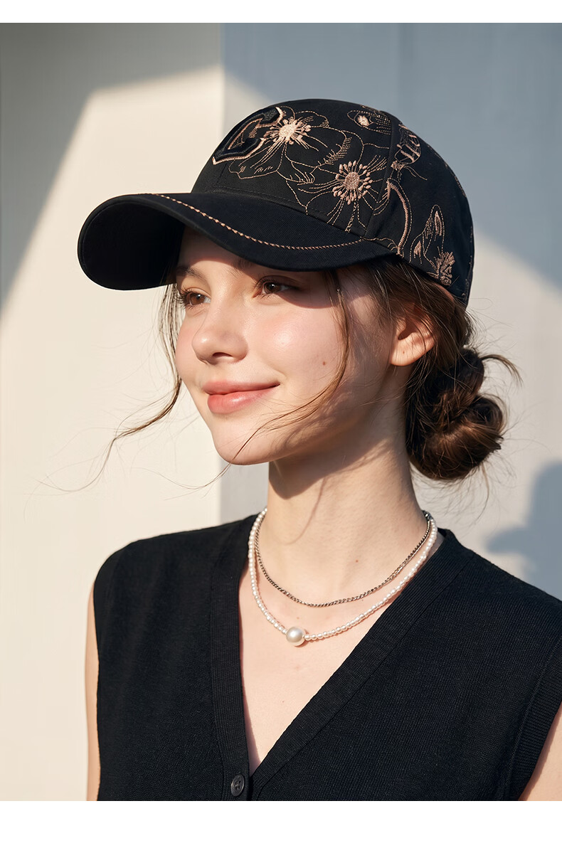 CACUSS Women's Embroidered Baseball Cap Hard Top Outdoor Sun Hat Casual Slim Face Duckbill Cap Black 9