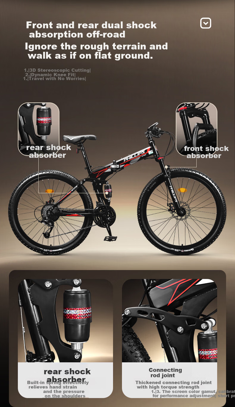 PHILLIPS Folding Mountain Bike Adult Men Women Racing 26-inch 24-Speed Commuter Bicycle Black Gray 1