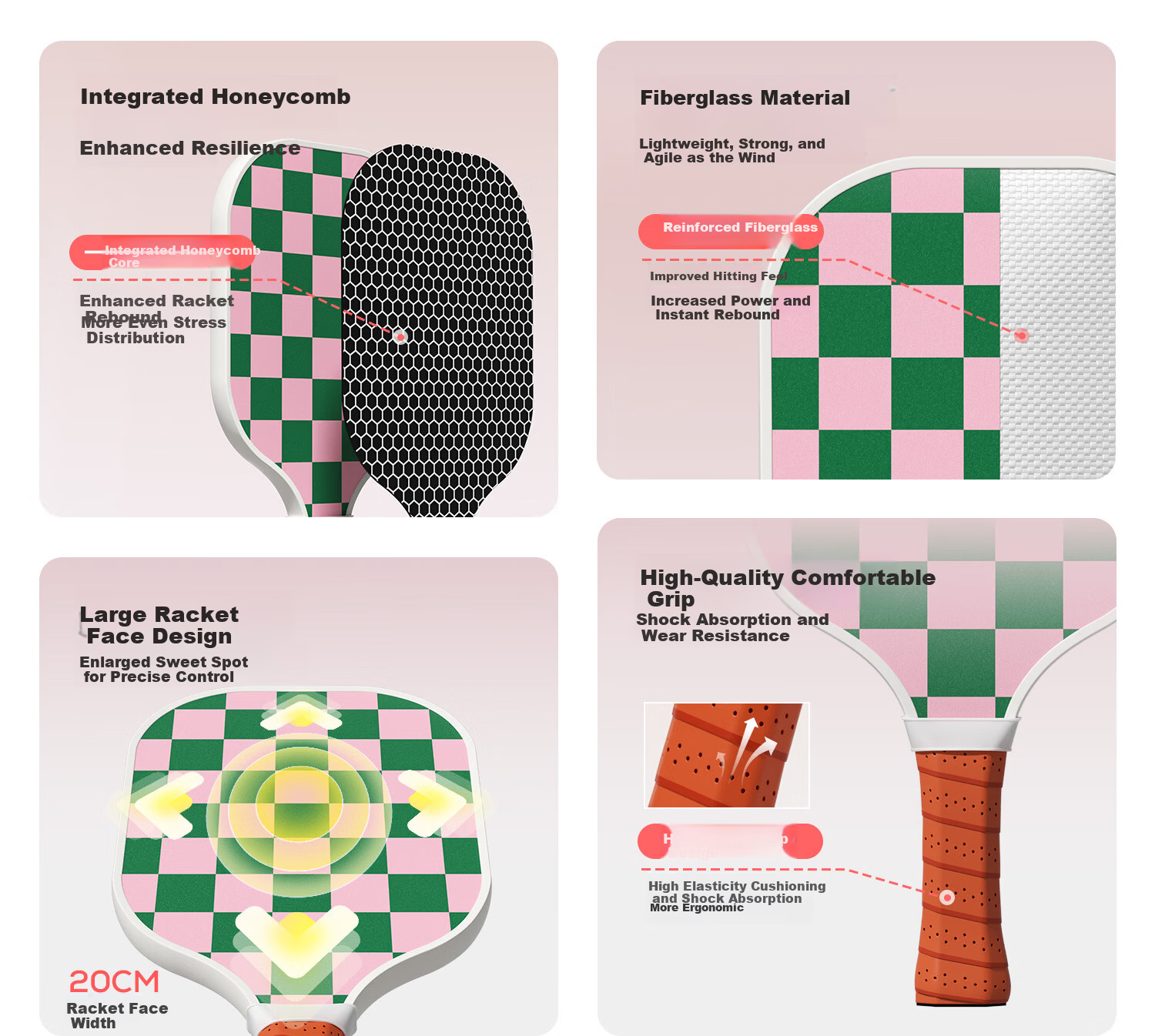 Yottoy Fiberglass Pickleball Paddle High-Quality Adult Student Training Professional Pickleball Paddle with Cover Pink+Green 3