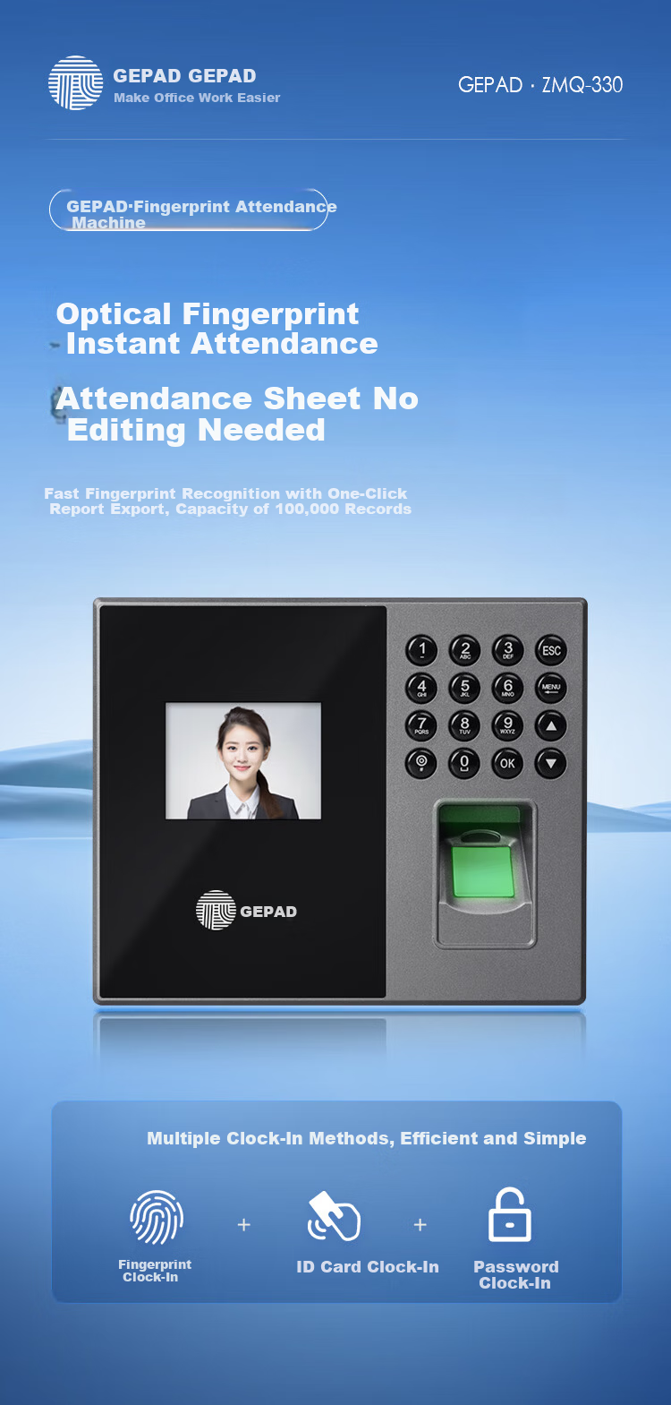 GEPAD Fingerprint Attendance Machine, Bluetooth Connected Mini Program for Attendance Management, Simple Software-Free Self-Generating Reports, ZMQ-330W 1