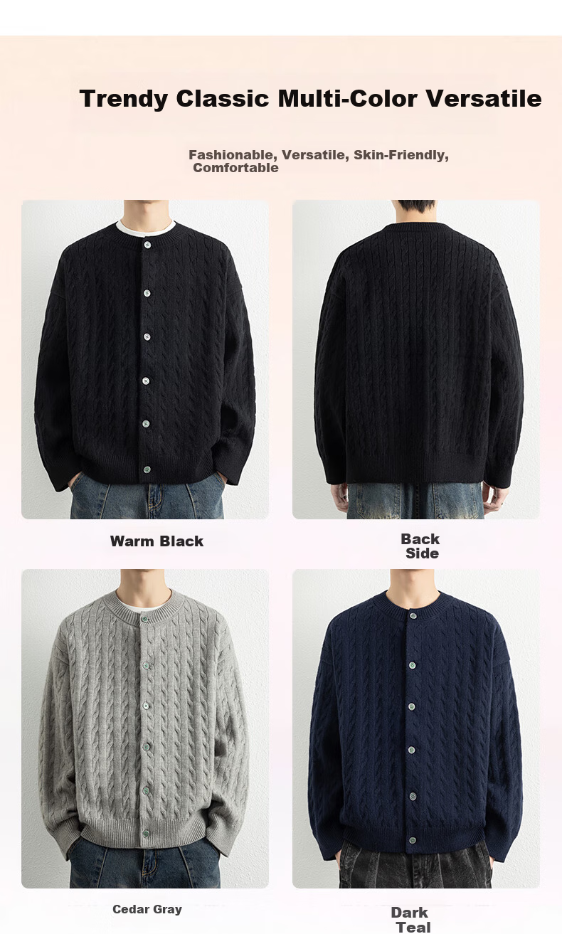ROMON Men's Knitted Cardigan Spring Autumn Casual Loose Drop Shoulder Sweater Round Neck Jacket Black M 7001 5