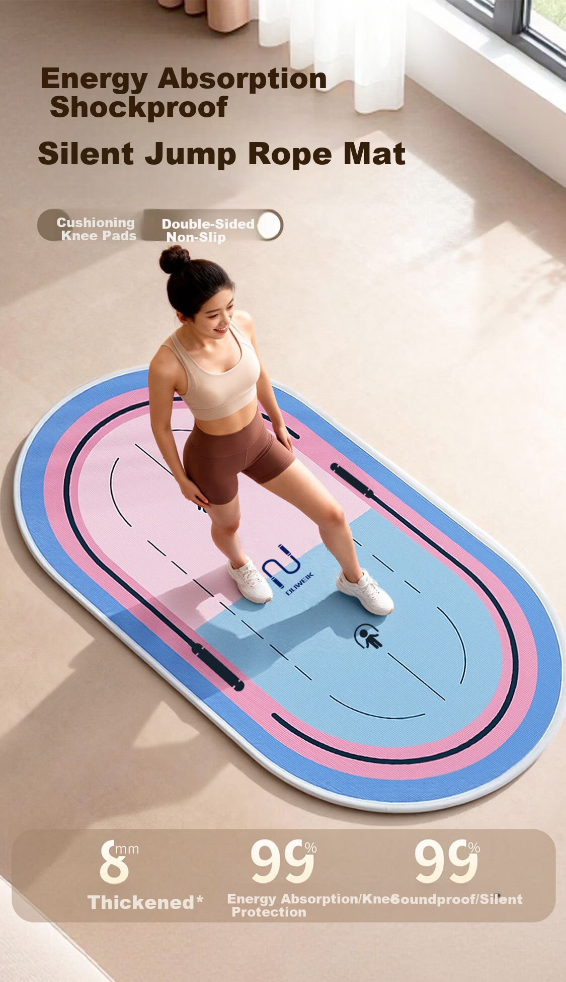 Duweike Jump Rope Mat Yoga Mat Shock Absorption Elliptical Floor Mat Home Indoor Silent Non-Slip Fitness Soundproof Mat Pink Blue 2