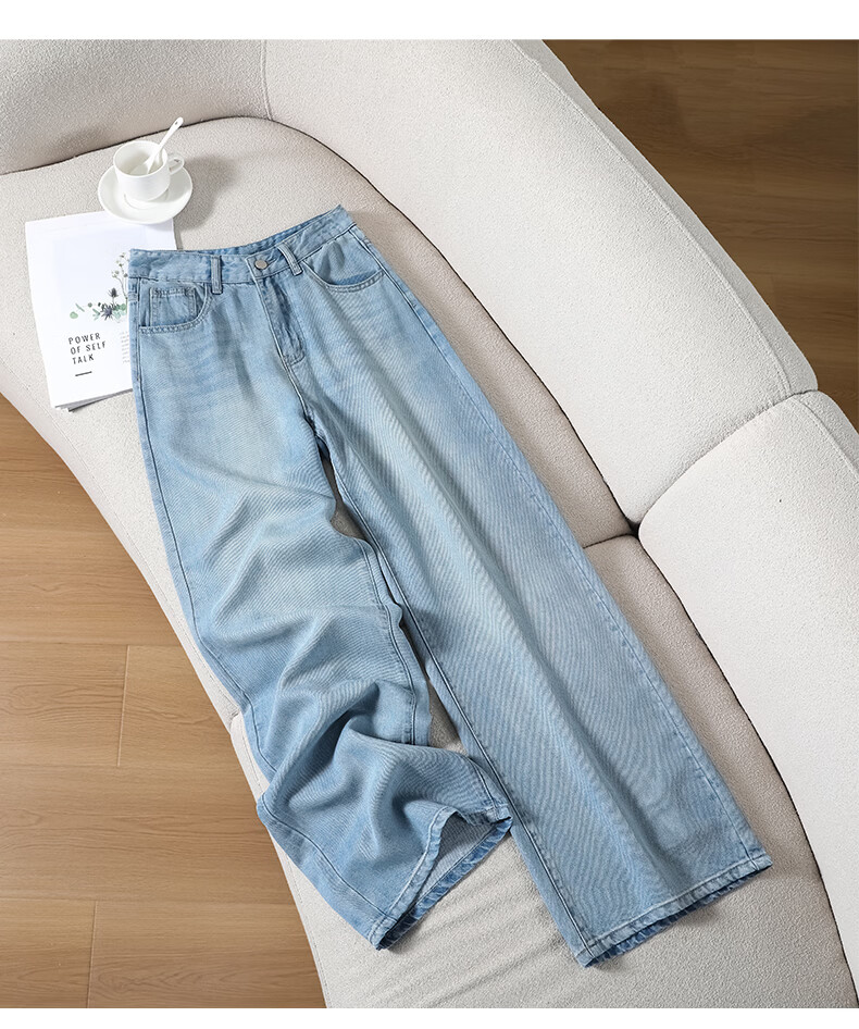 Jeanswest Women's Summer Soft Tencel High-Waist Draped Lyocell Wide-Leg Straight-Leg Retro Blue Tencel Lyocell Pants L 22