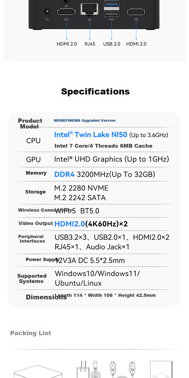 Mofang MOREFINE M8 Mini PC, DDR4 Memory, Single Network Port, Supports OpenCLAW N150 Processor/8GB RAM/512GB SSD 9