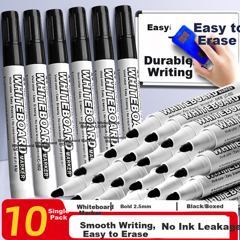 Licao Chutou Erasable Whiteboard Marker Black Water-Based Easy Erase Office Meeting School Marker Pen 10-Pack