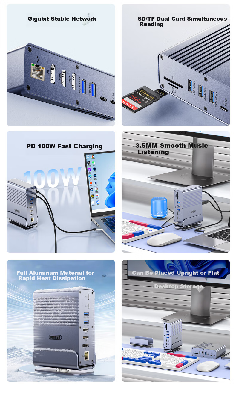 Superior Desktop Docking Station Type-C to Dual HDMI/DP Quad Display 4K60Hz High-Definition Expansion Card Reader Gigabit Ethernet Multi-Function Vertical Dock Compatible with Mac 4