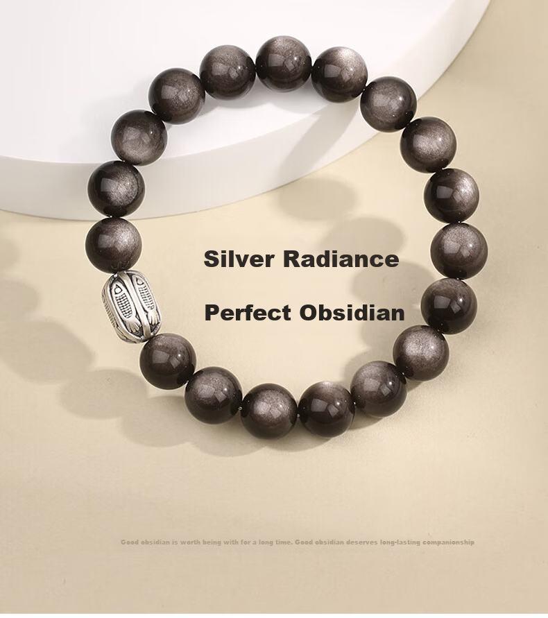 Chinese Jewelry Pure Silver Obsidian Lucky Koi Bracelet Men's High-End Black Obsidian Beaded Bracelet 520 Birthday Gift for Boyfriend and Girlfriend 8