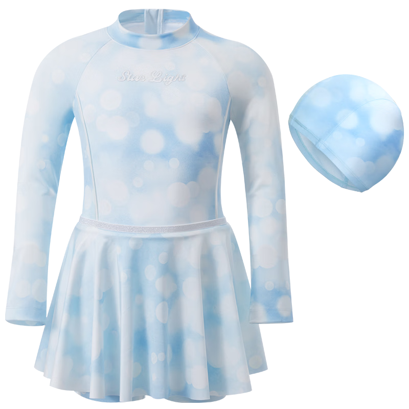 AIMER KIDS Long-Sleeve Sun Protection Skirt Suit for Girls, One-Piece Swimsuit for Beach Vacation, Hazy Glow, Size 160