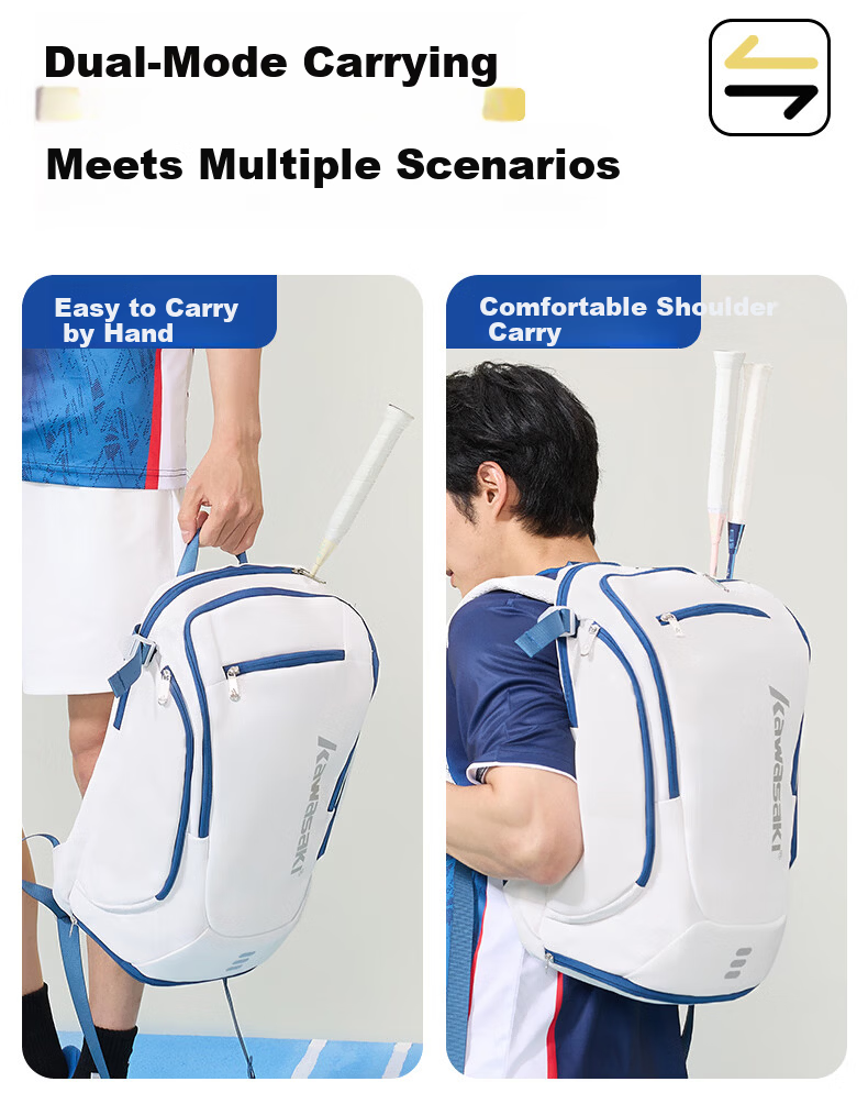 KAWASAKI Badminton Bag Feitian Qiming Large Capacity Lightweight Waterproof Durable Sports Backpack D8279 White Green 12