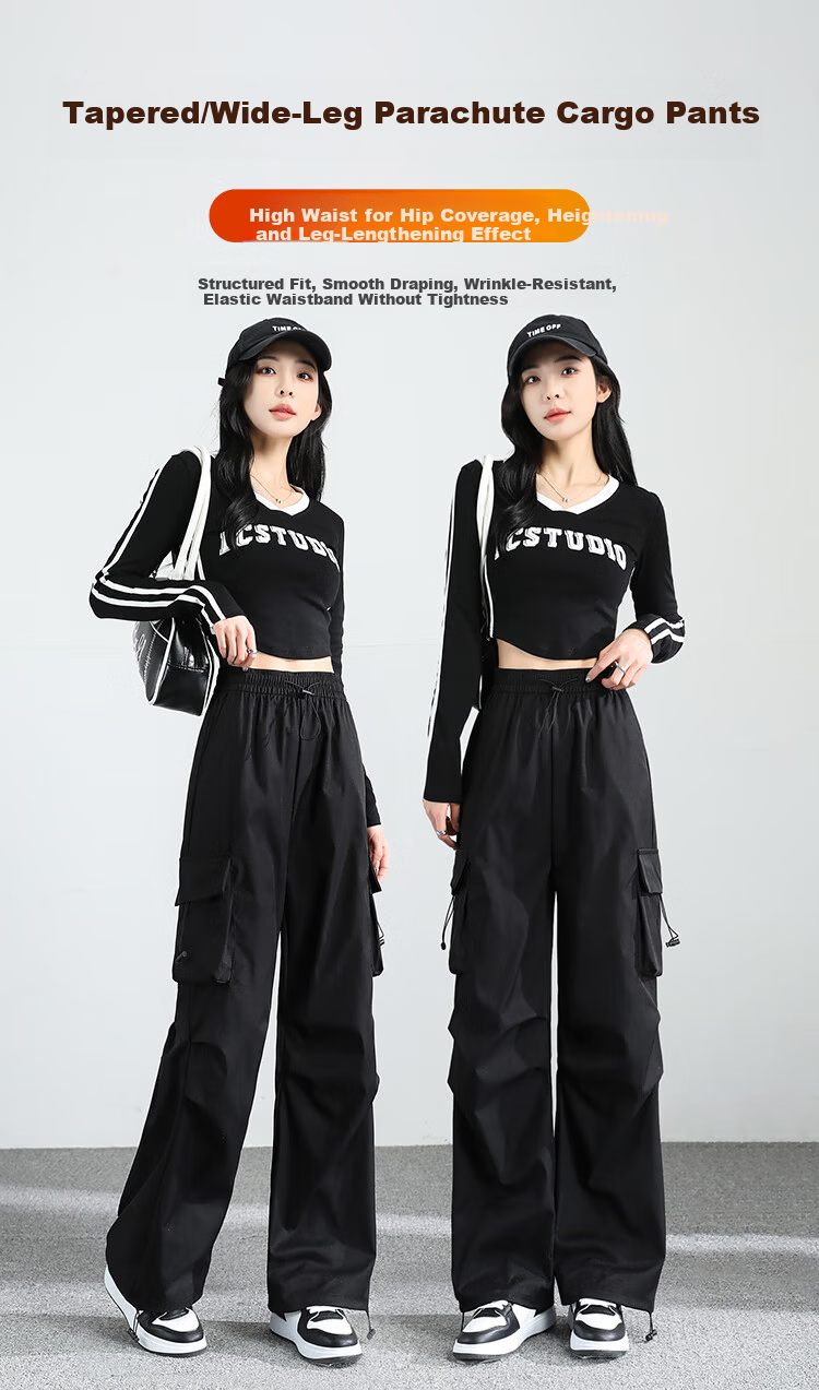FitonTon Women's Spring Parachute Cargo Pants High Waist Wide Leg Slim Straight Drawstring Casual Sports Pants L 1