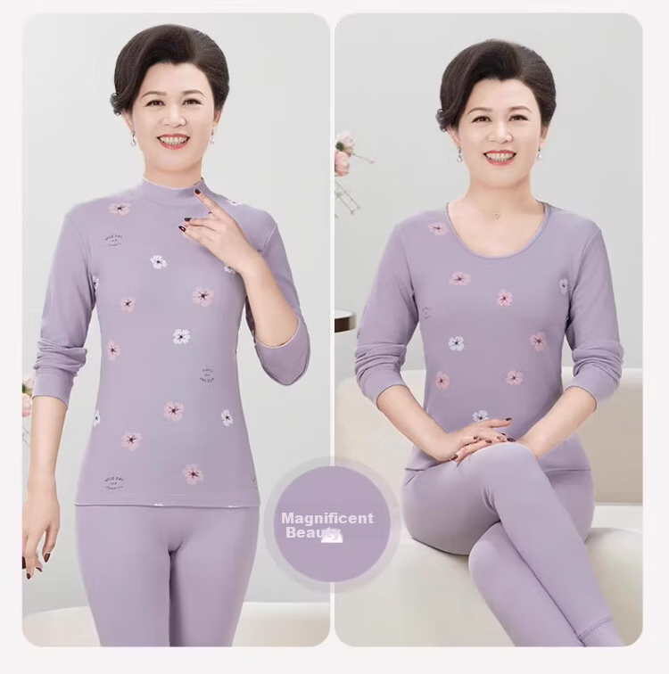 Langsha Mom Women's Autumn Thermal Underwear Set Plus Size Cotton Antibacterial Printed Knitwear Warm Innerwear for Middle-aged and Elderly 11