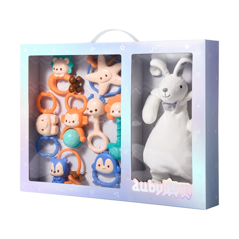 Auby Infant Toys, Teether Rattle, Newborn Gift Box, Rabbit Comfort Blanket, Plush Doll, Full Moon Meeting Gift