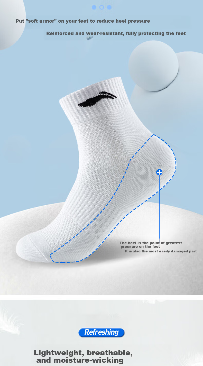 LI-NING Socks (3 Pairs) Sports Socks Yoga Socks All-Season Antibacterial Durable Running Socks Cotton Socks Black White Gray 7