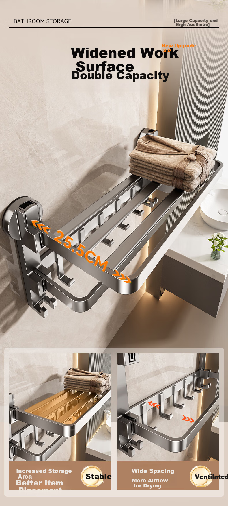 Baihan Suction Cup Towel Rack No Drilling Bathroom Storage Rack Shower Hanging Bathroom Towel Holder Organizer Rack 4